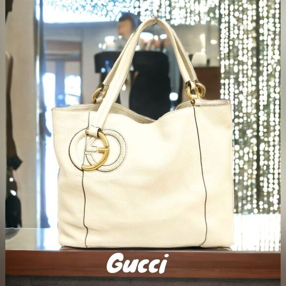 AUTHENTIC GUCCI HANDBAG SHOULDER TOTE OFF WHITE LEATHER - Picture 1 of 15